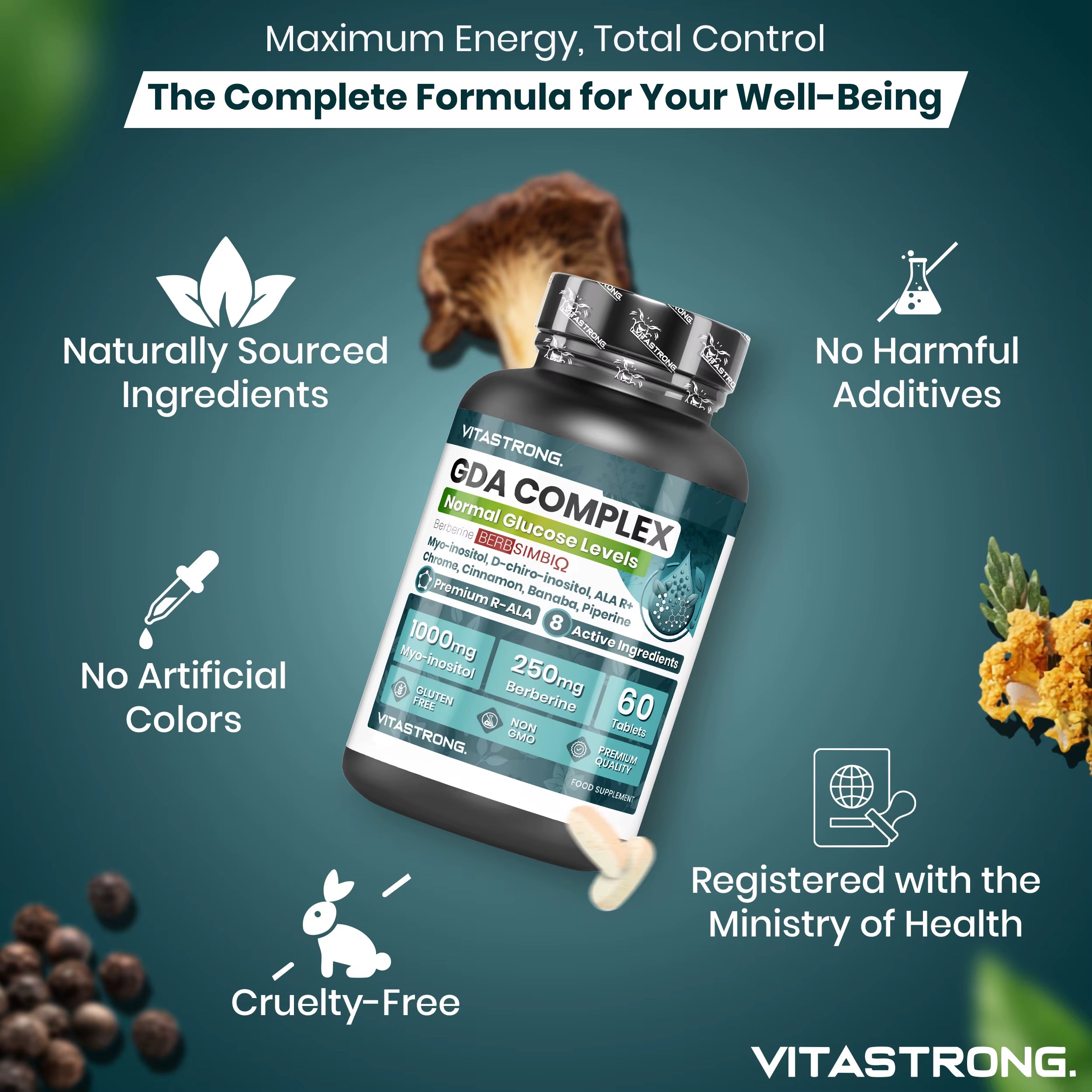 Vitastrong GDA Vegan Supplement-Supports Normal Blood Sugar Level, Increases Energy and Metabolism with Berberine, Myo-Inositol and Chromium-60 Tablets, Gmo-Free