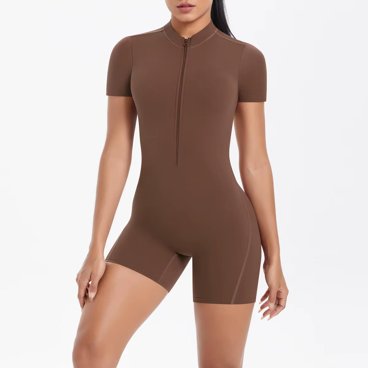 Seamless Women'S Gym Workout Shorts Jumpsuit Front Zipper Backless Tight Yoga Suit Breathable Sports Running Fitness Bodysuit