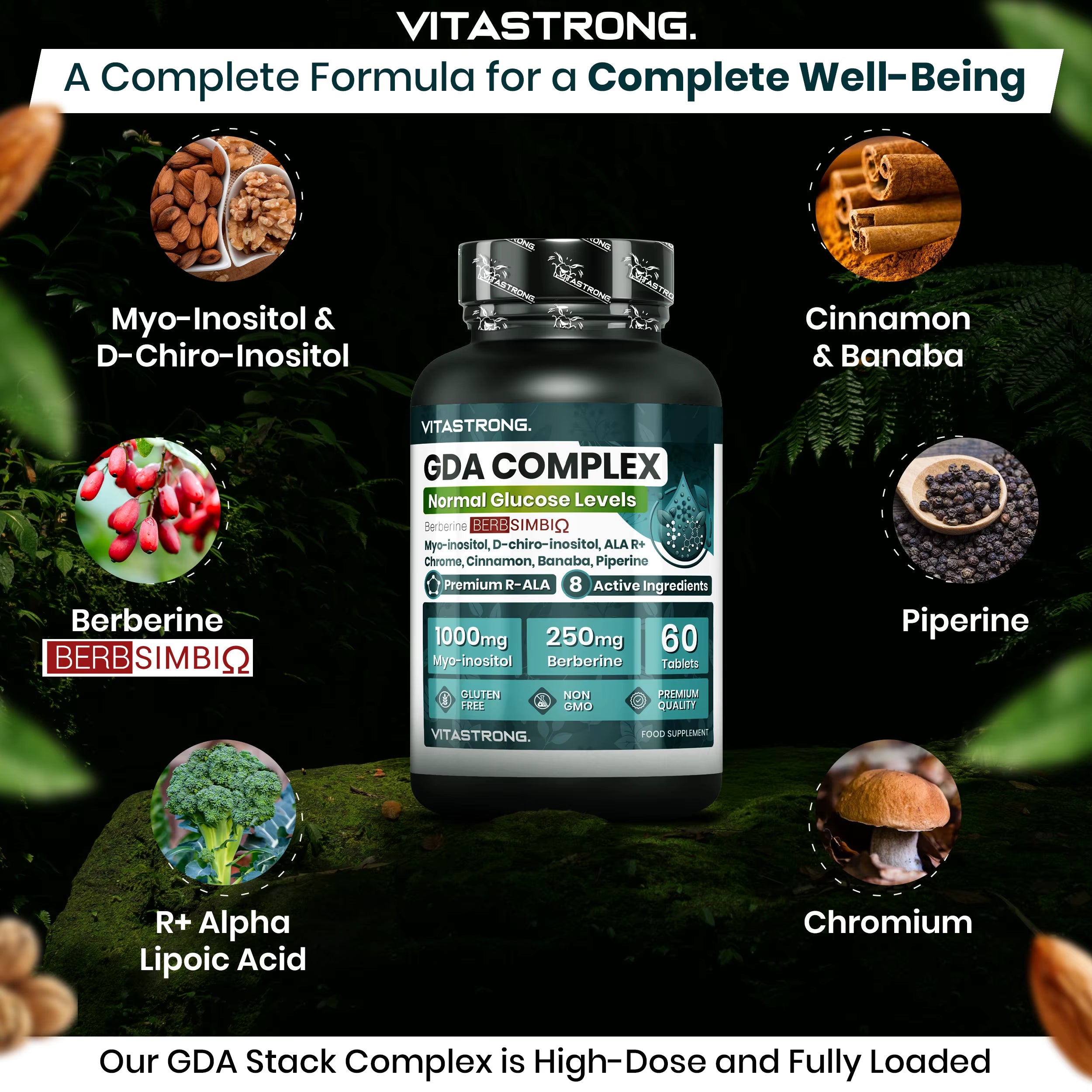 Vitastrong GDA Vegan Supplement-Supports Normal Blood Sugar Level, Increases Energy and Metabolism with Berberine, Myo-Inositol and Chromium-60 Tablets, Gmo-Free