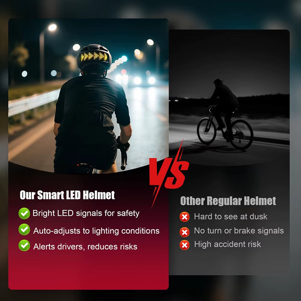 Comparison of cyclist wearing smart LED helmet with bright rear signals versus regular helmet at night.