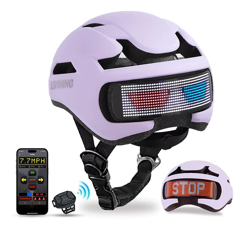 Smart purple cycling helmet with LED display, remote control, and smartphone app integration