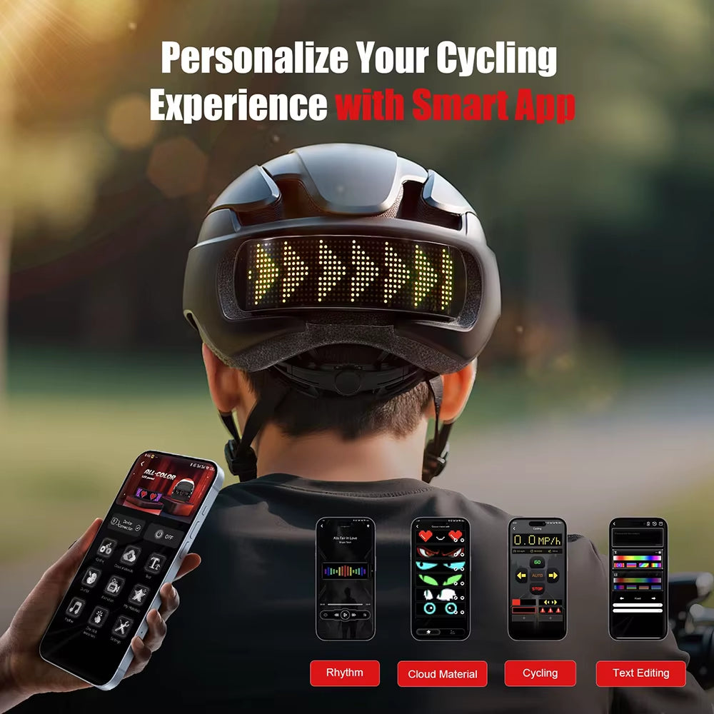 Cyclist wearing smart helmet with LED display, customizing settings via mobile app outdoors.