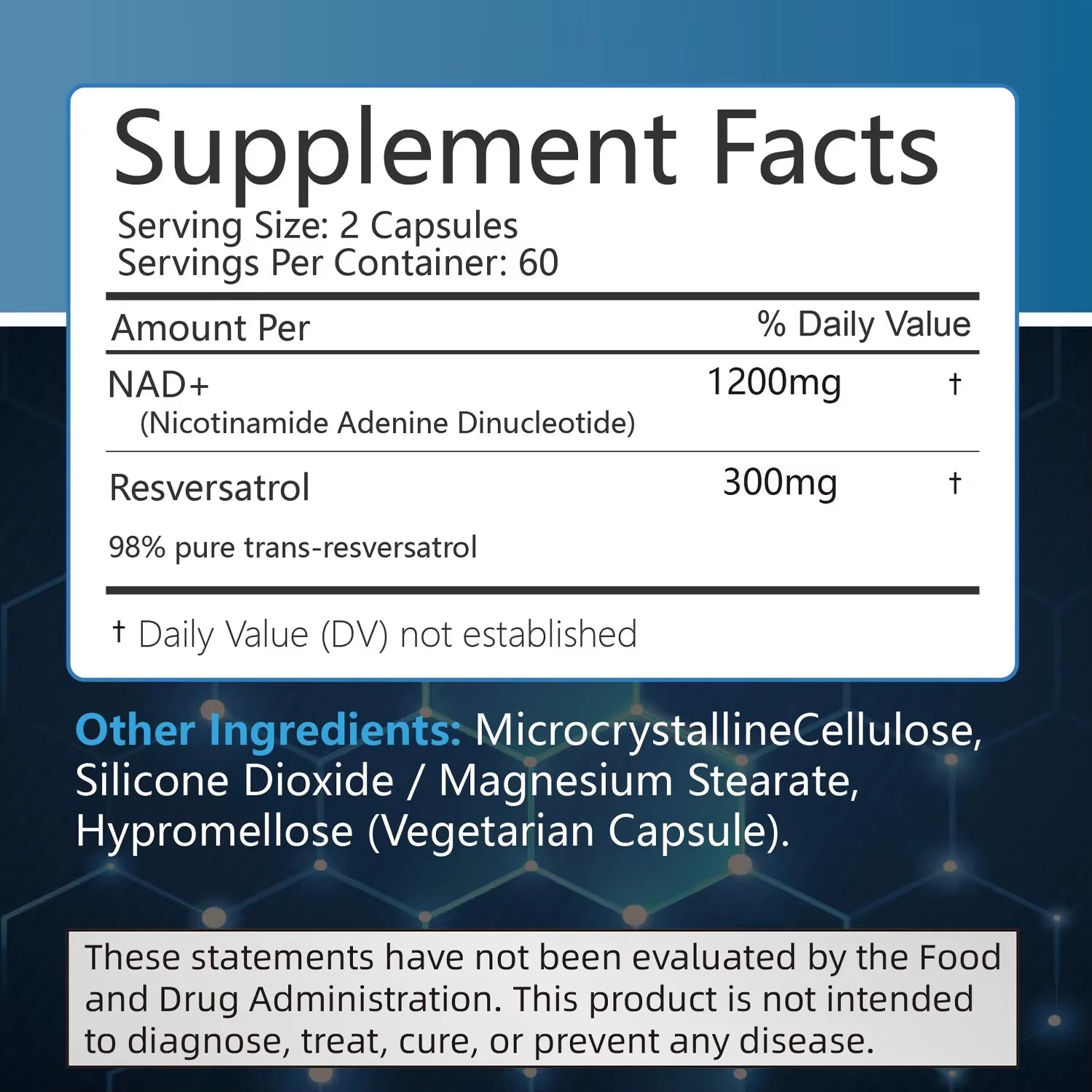 NAD + Resveratrol - Anti-Aging, Helps Boost Energy, Promotes Cell and Skin Health - 120 Capsules