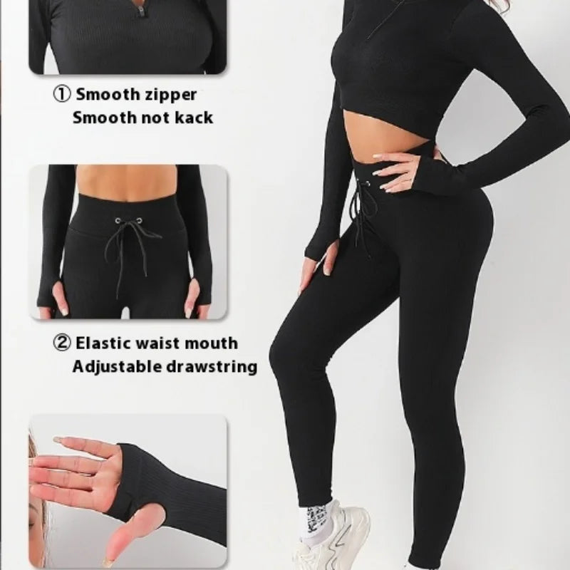 Seamless Fitness Yoga Suit Set, Sweat Absorbing, Hip Lifting, High Waisted Yoga Pants, Women'S Tight Fitting Long Sleeved Sports