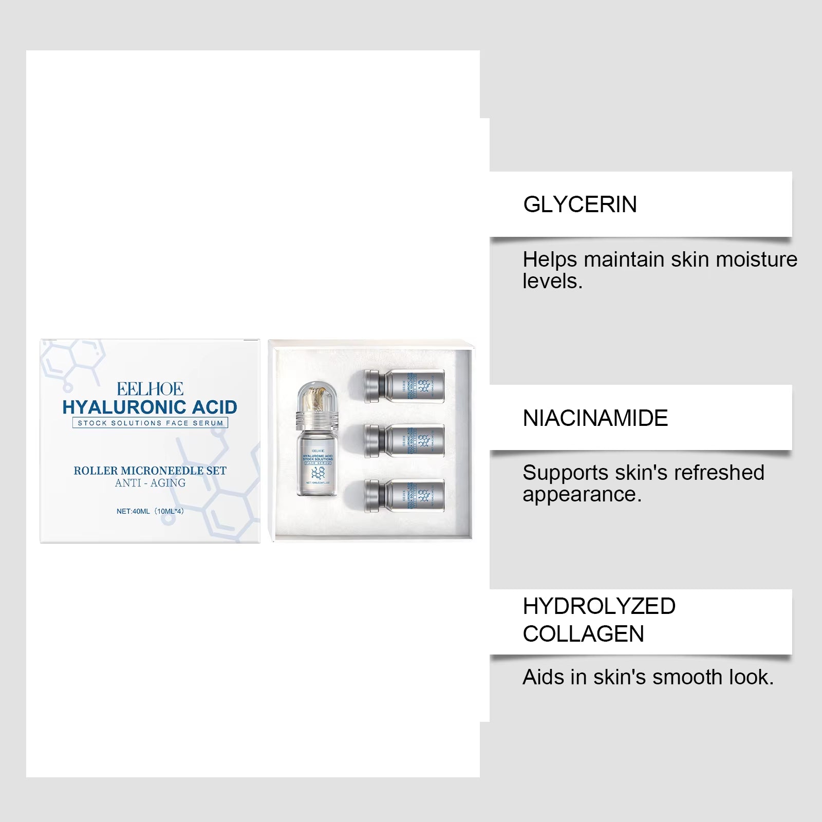Hyaluronic Acid Stock Solutions Face Serum with Roller Microneedle Set Moisturizing Anti-Wrinkle Facial Serum Smoothing Refresh