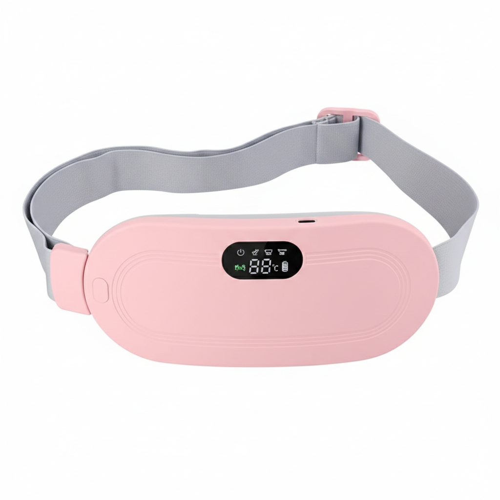 Pink compression knee brace with digital display and adjustable gray strap