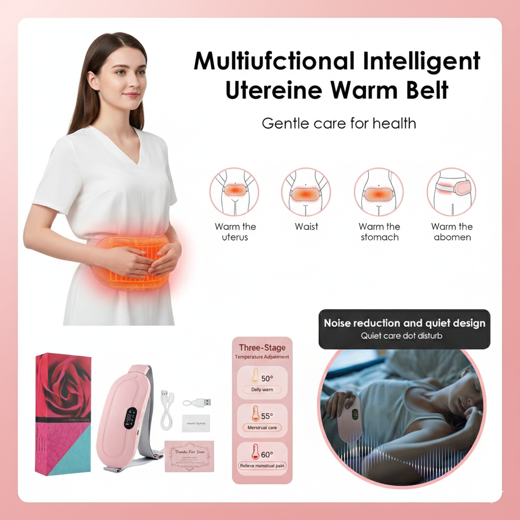Woman using intelligent uterine warm belt for menstrual pain relief with temperature settings