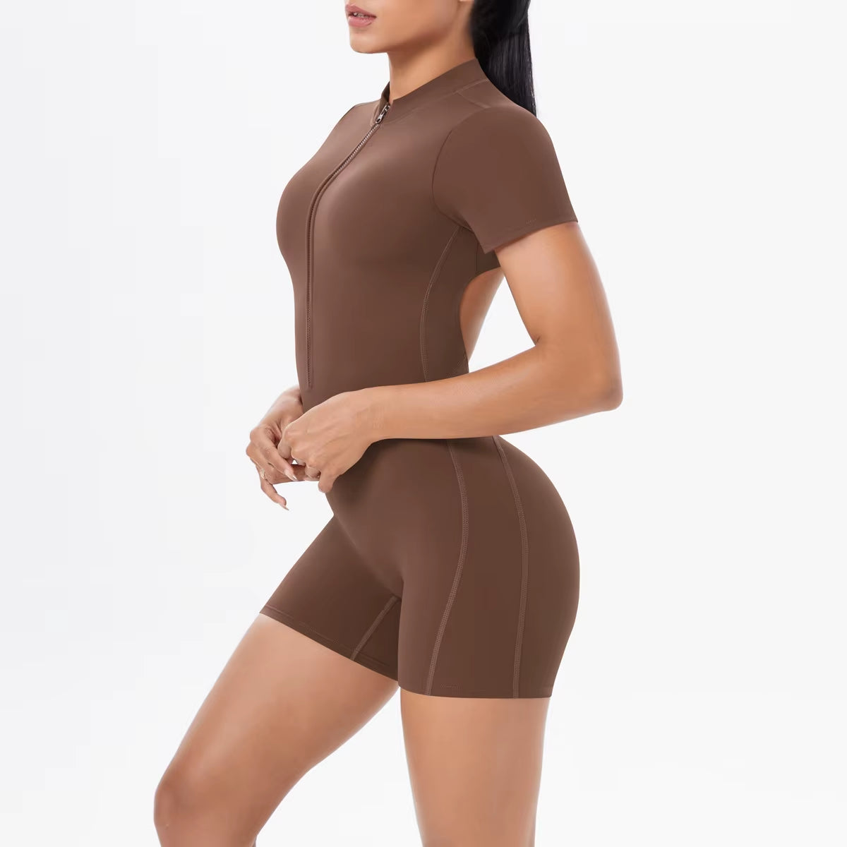 Seamless Women'S Gym Workout Shorts Jumpsuit Front Zipper Backless Tight Yoga Suit Breathable Sports Running Fitness Bodysuit