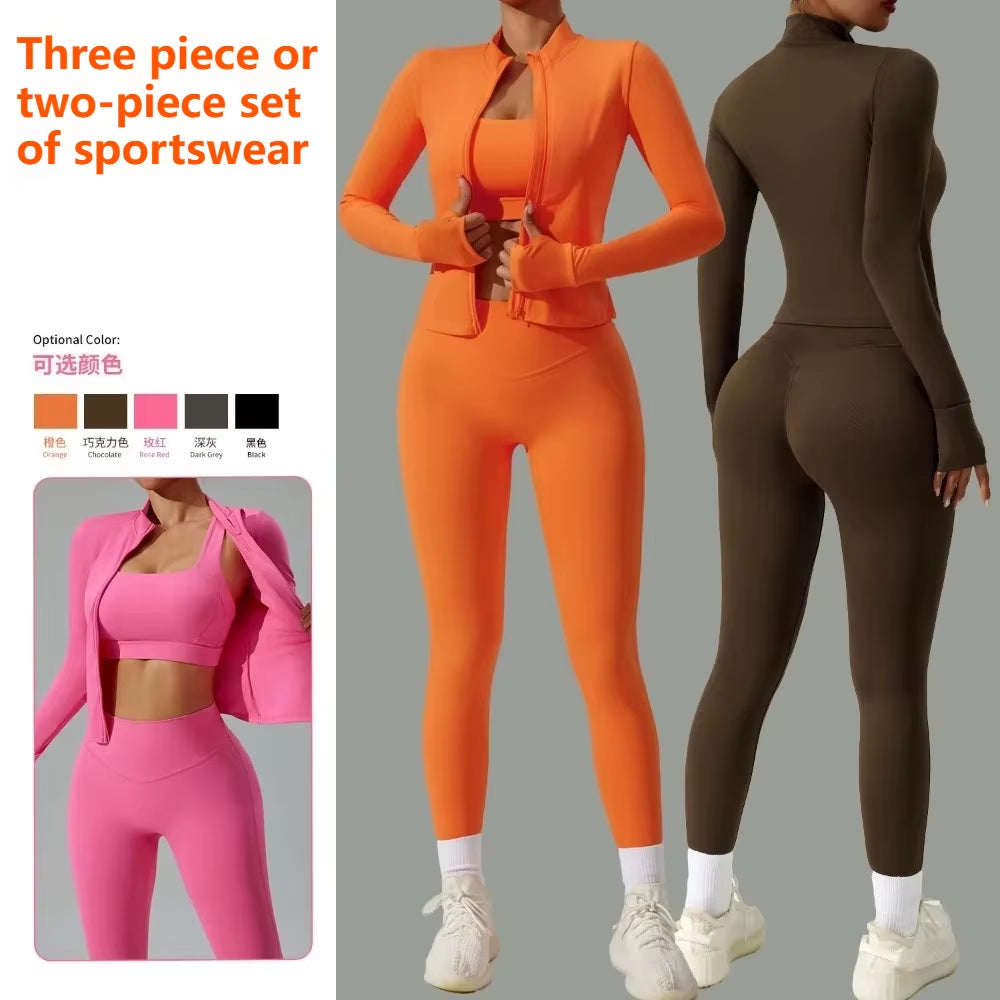 Seamless Tight Yoga Suit Women'S Cardigan Running Sportswear Set Quick-Dry Gym Fitness Outfit Three-Piece or Two Tracksuit Sets