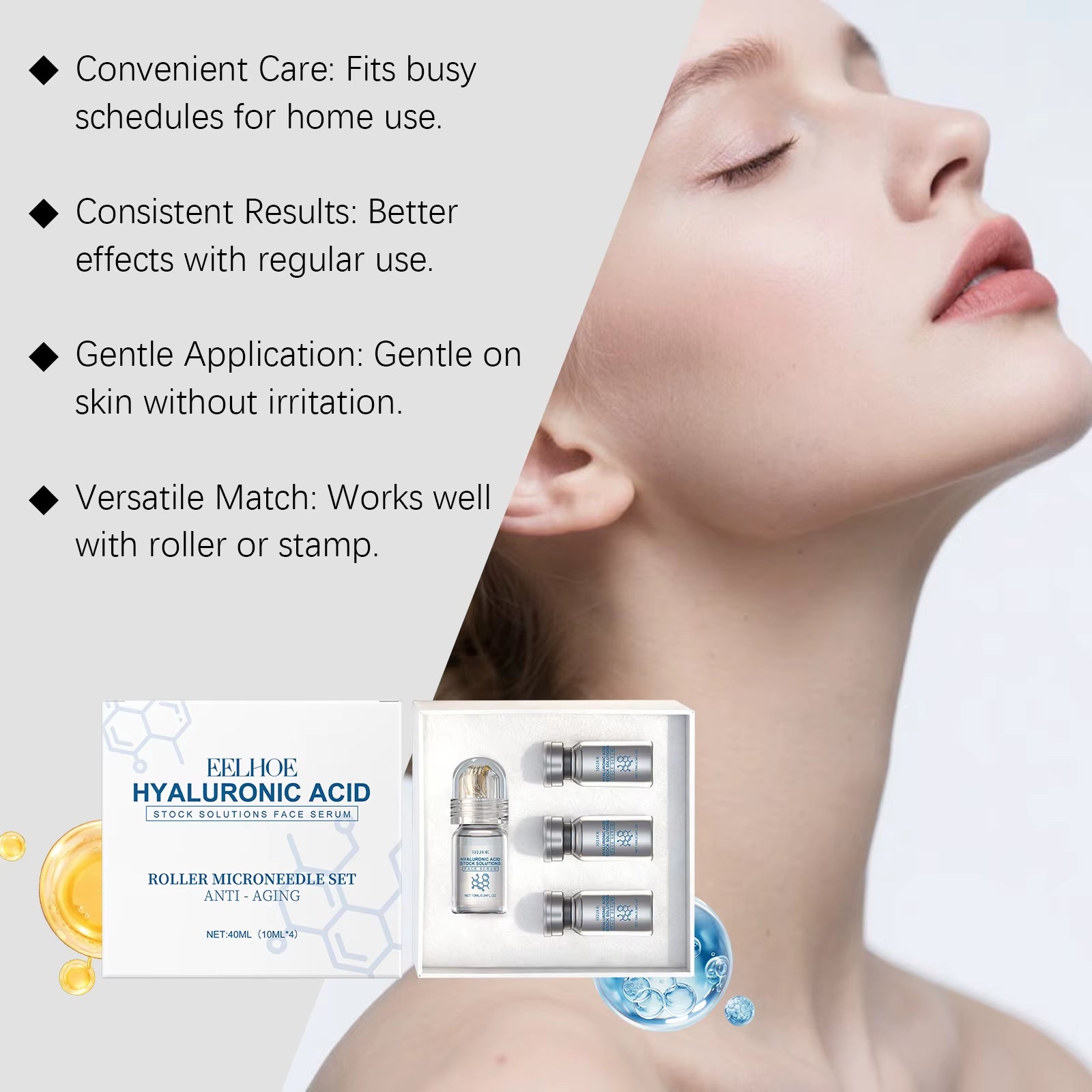 Hyaluronic Acid Stock Solutions Face Serum with Roller Microneedle Set Moisturizing Anti-Wrinkle Facial Serum Smoothing Refresh