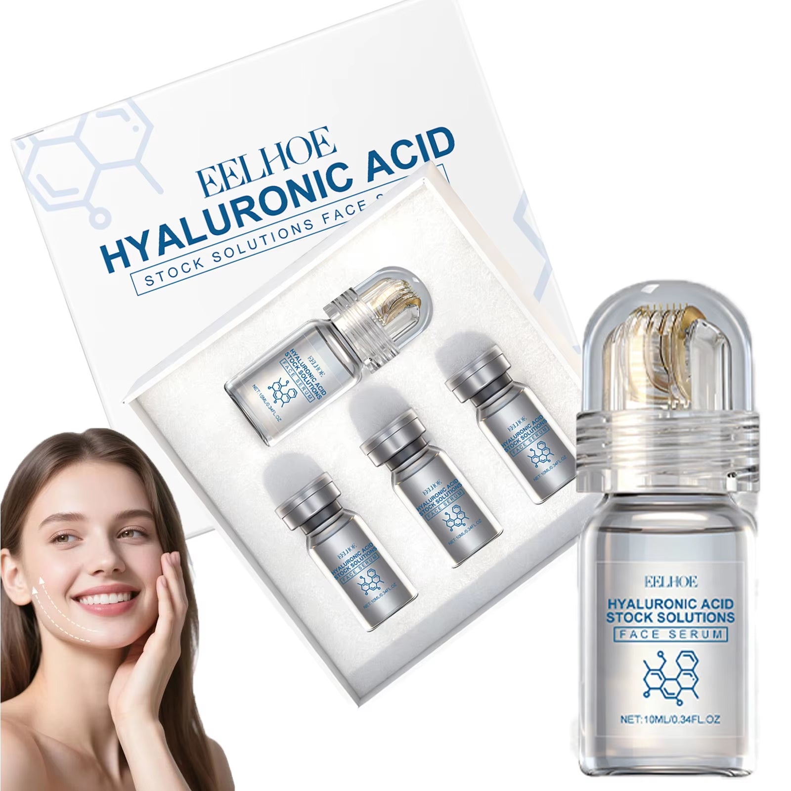 Hyaluronic Acid Stock Solutions Face Serum with Roller Microneedle Set Moisturizing Anti-Wrinkle Facial Serum Smoothing Refresh